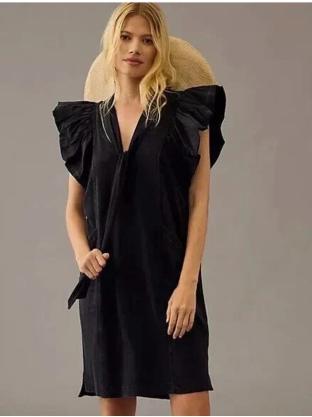 Daily Practice by Anthropologie Malibu Creek Black Ruffled Sleeve Shift Dress